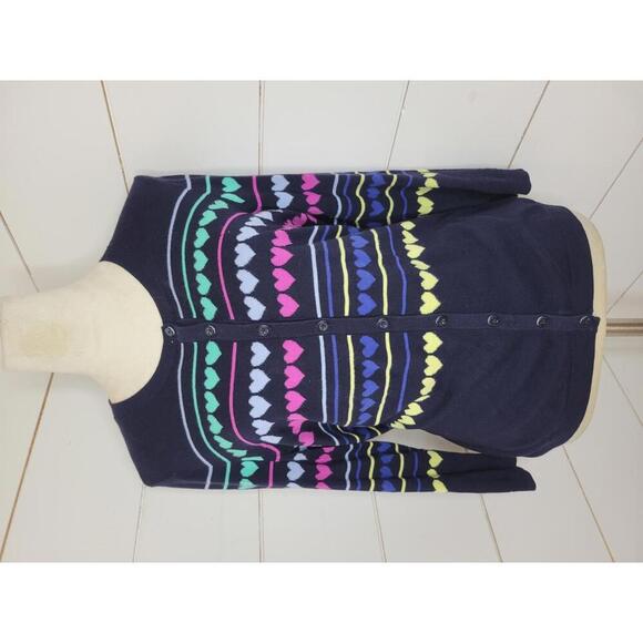 Talbots medium navy blue cardigan sweater with rainbow hearts - Picture 1 of 4